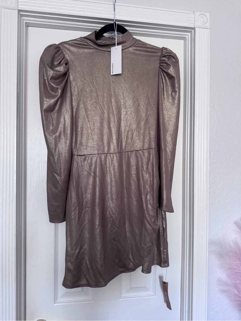 Reformation Metallic Gold Lexi Dress  Long-Sleeve Puff Shoulder Dress NWT